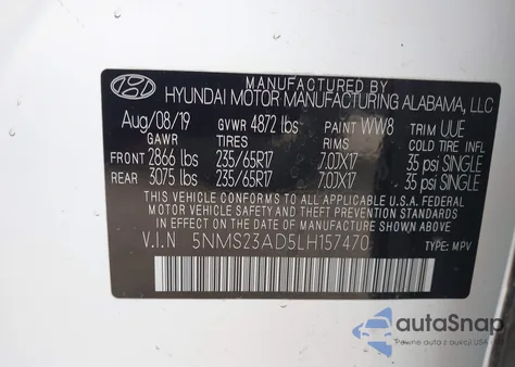 2020 Hyundai Santa Fe Se из США, поврежденный, VIN 5NMS23AD5LH157470